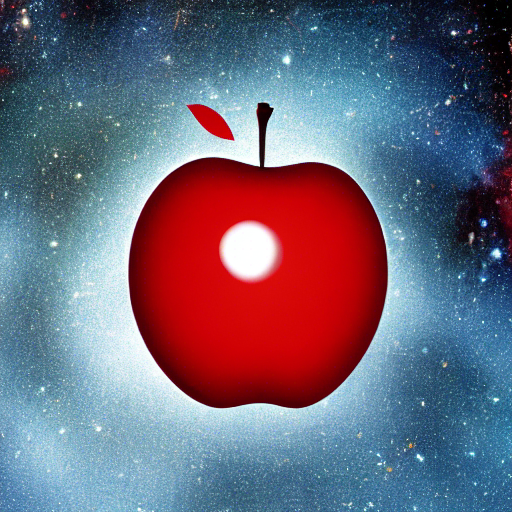 a red juicy apple floating in outer space, like a planet